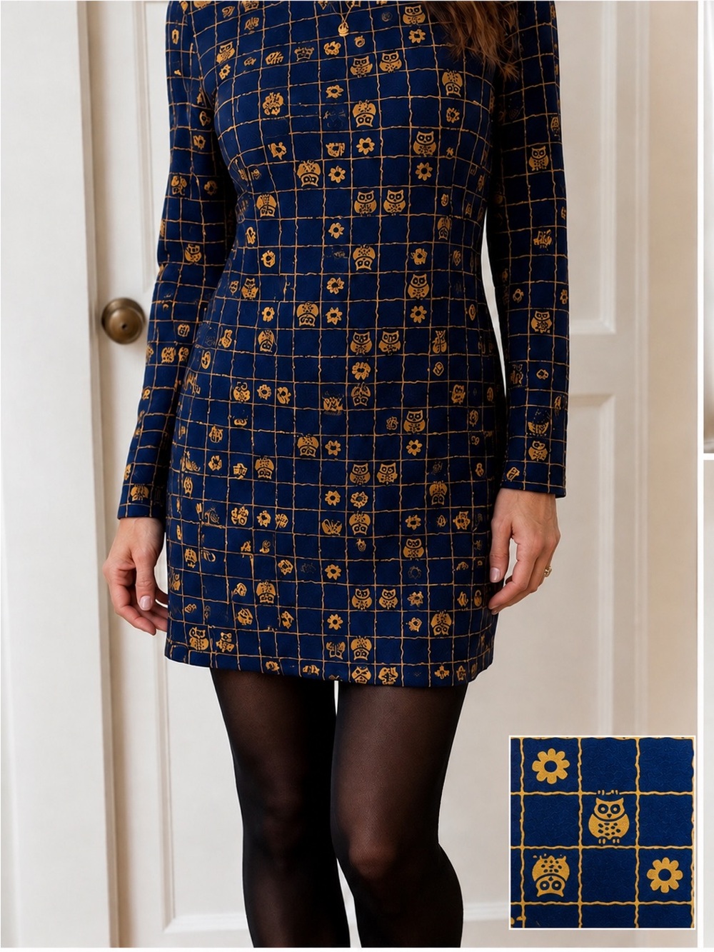 Owl Whimsical Print JULIE BROWN Shift Mini Dress S Retro Novelty Long Sleeve